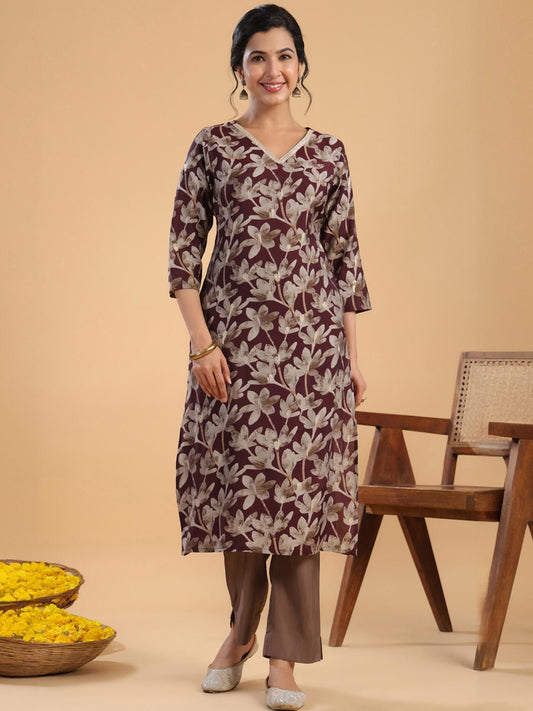 Wine Floral printed kurta set