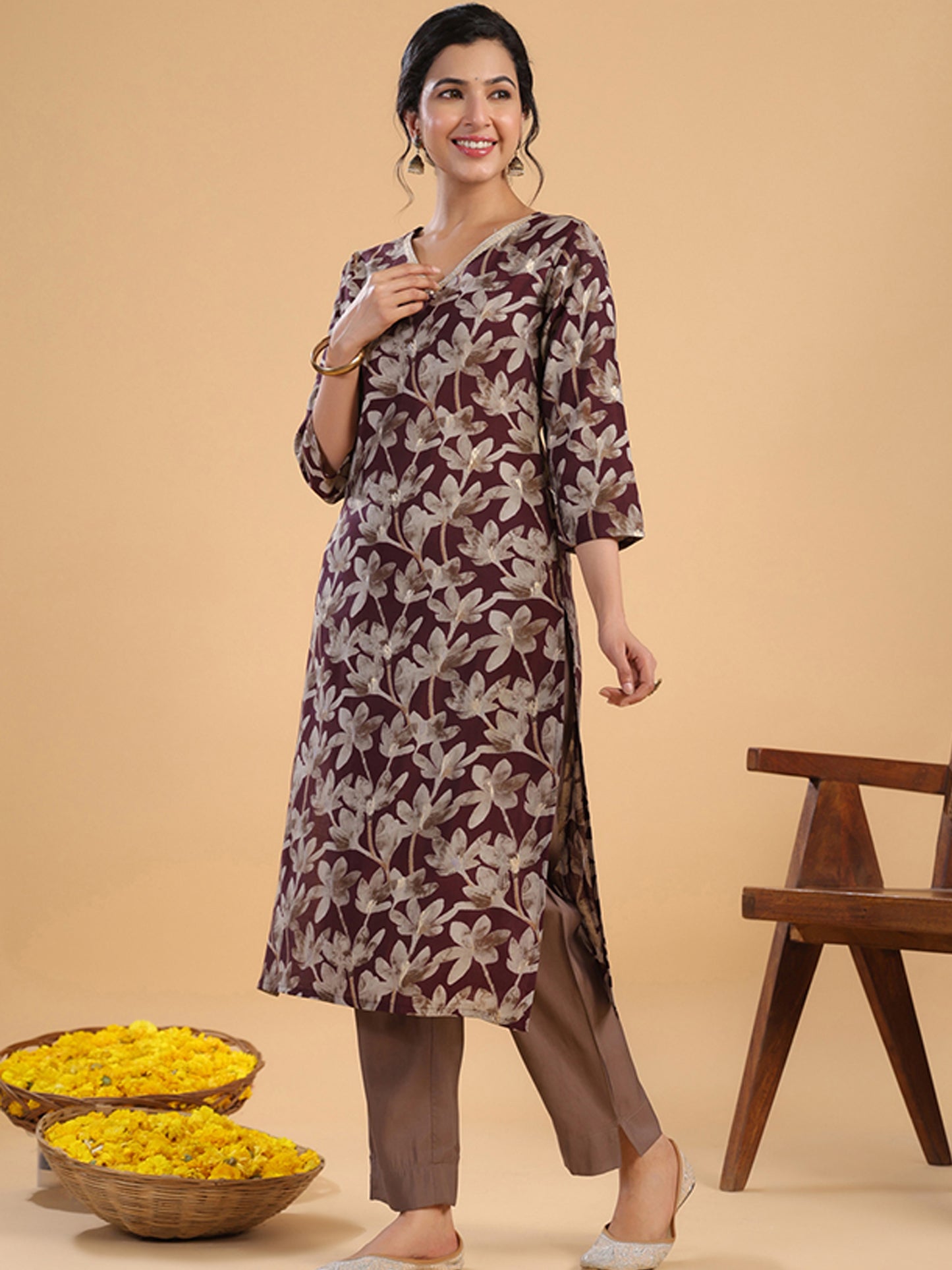 Wine Floral printed kurta set