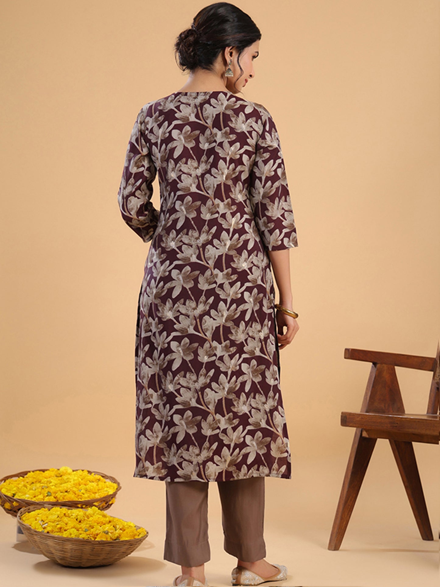 Wine Floral printed kurta set