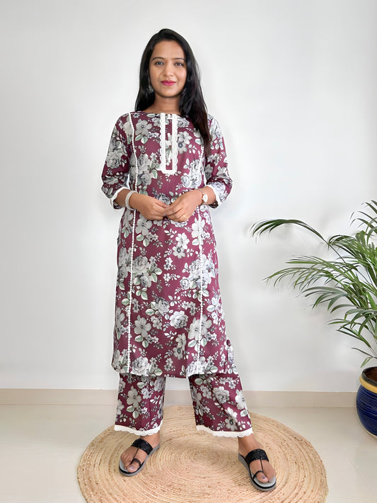 Wine Cotton Straight Kurta