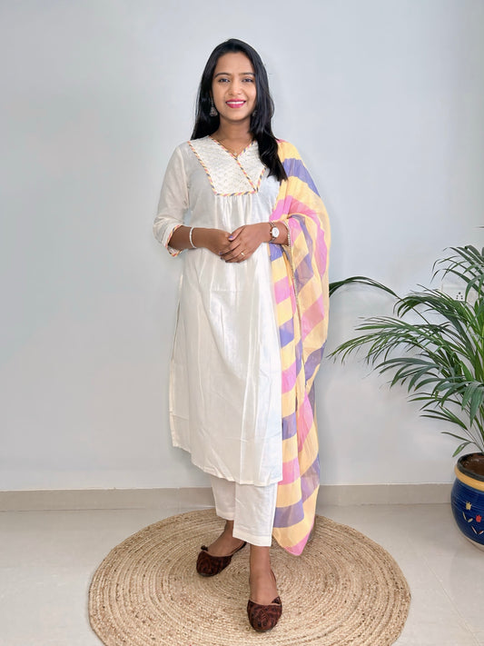 White Kurta with Pant and Dupatta