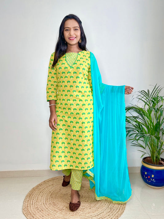 Yellow Cotton Printed 3 piece set