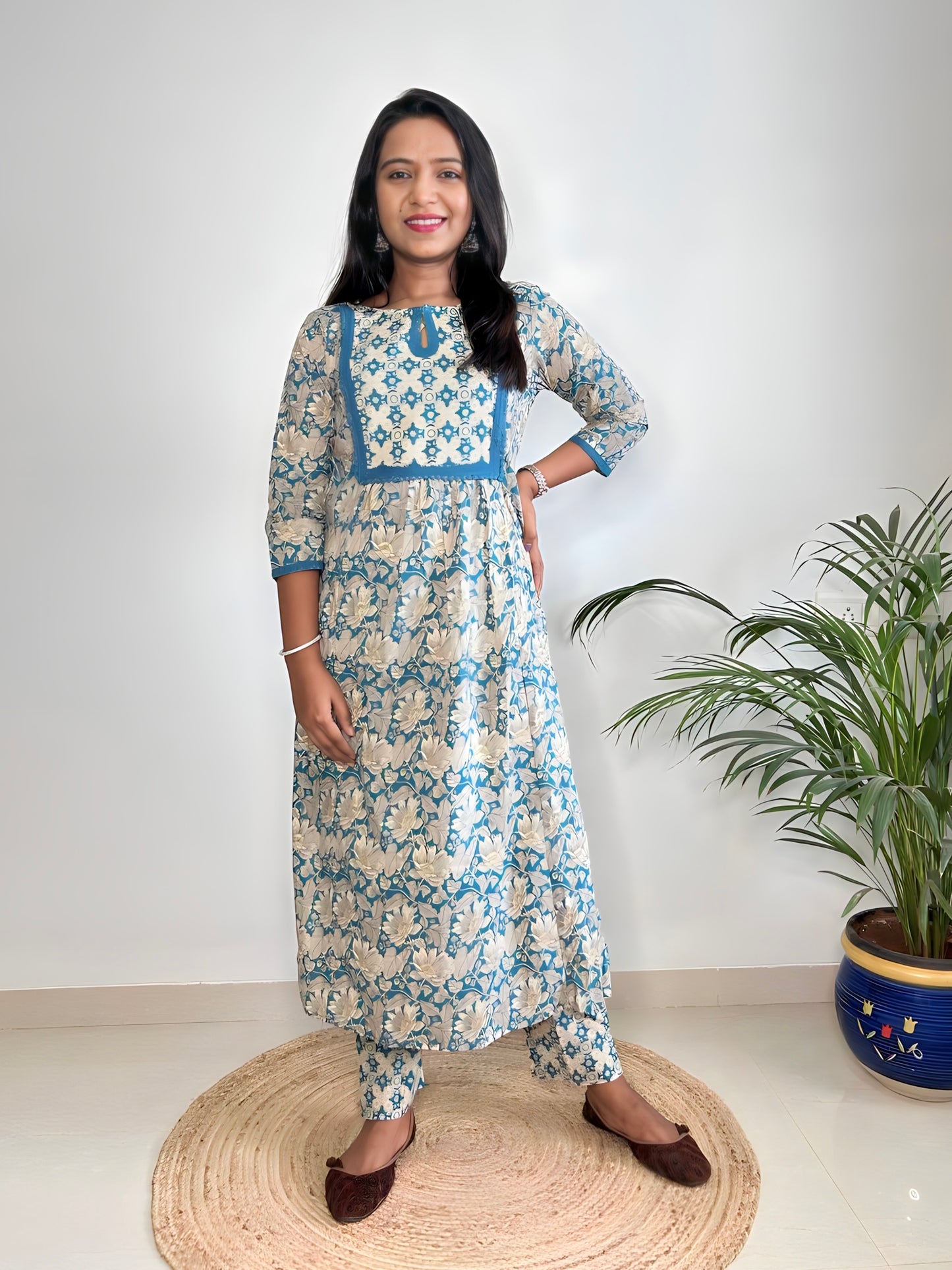 Teal Cotton Floral Kurta Set