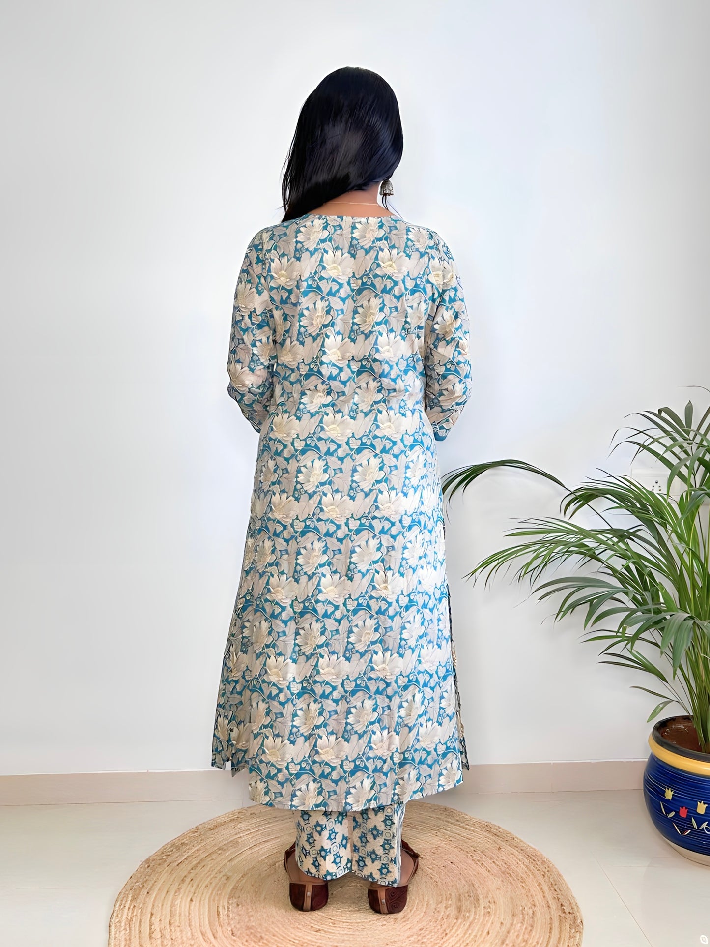 Teal Cotton Floral Kurta Set