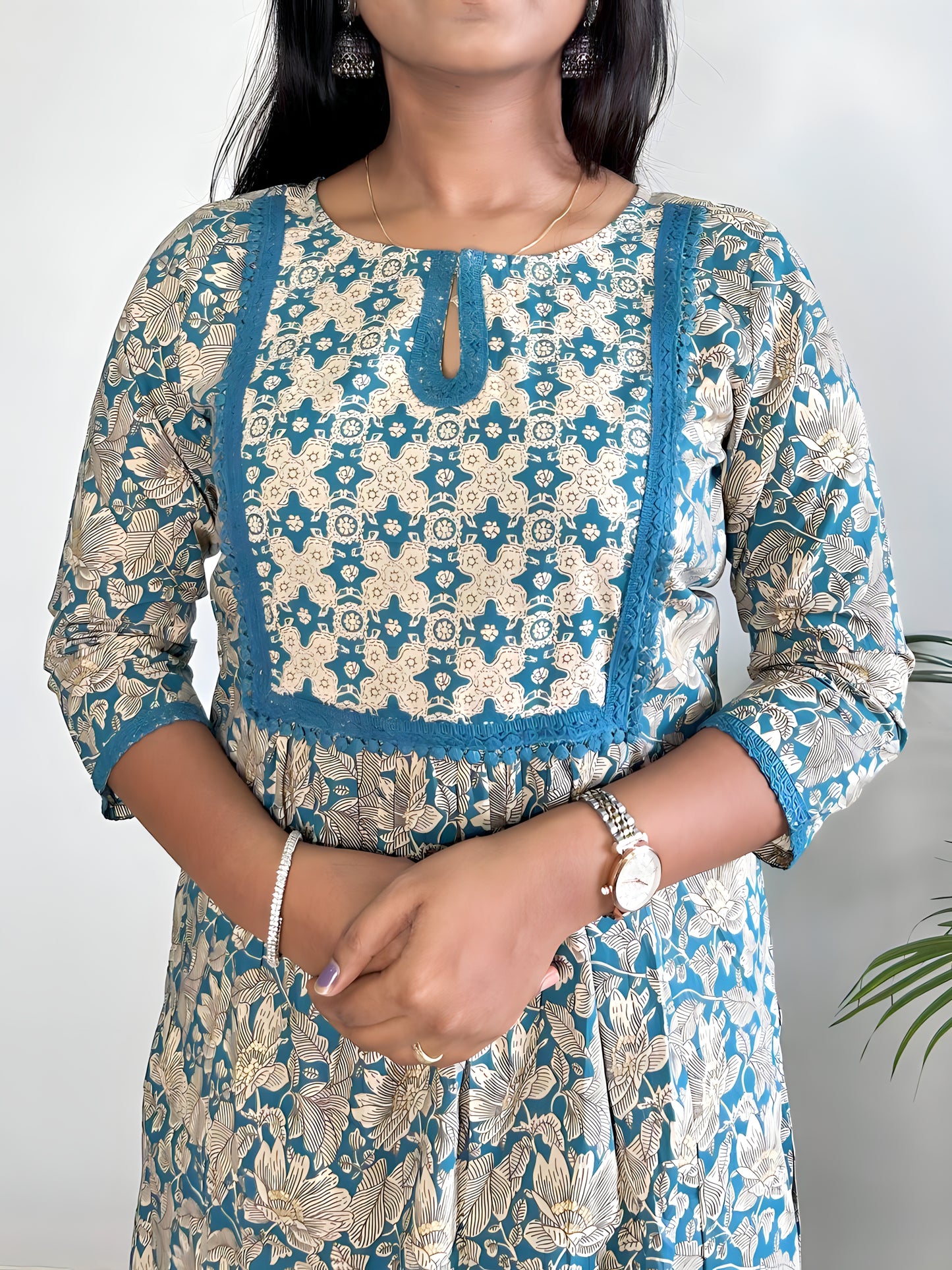 Teal Cotton Floral Kurta Set