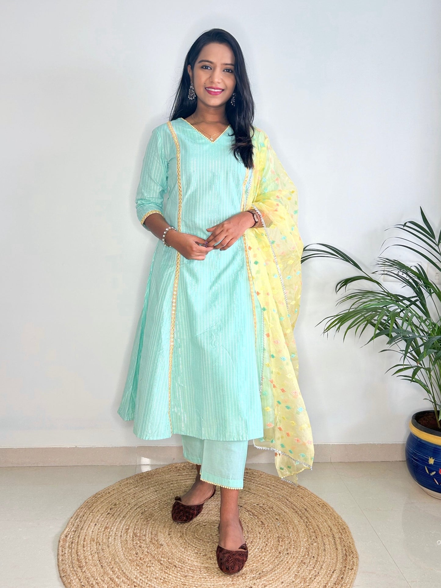 Light Pista Green Lurex Cotton A-Line Kurta with Pant and Dupatta