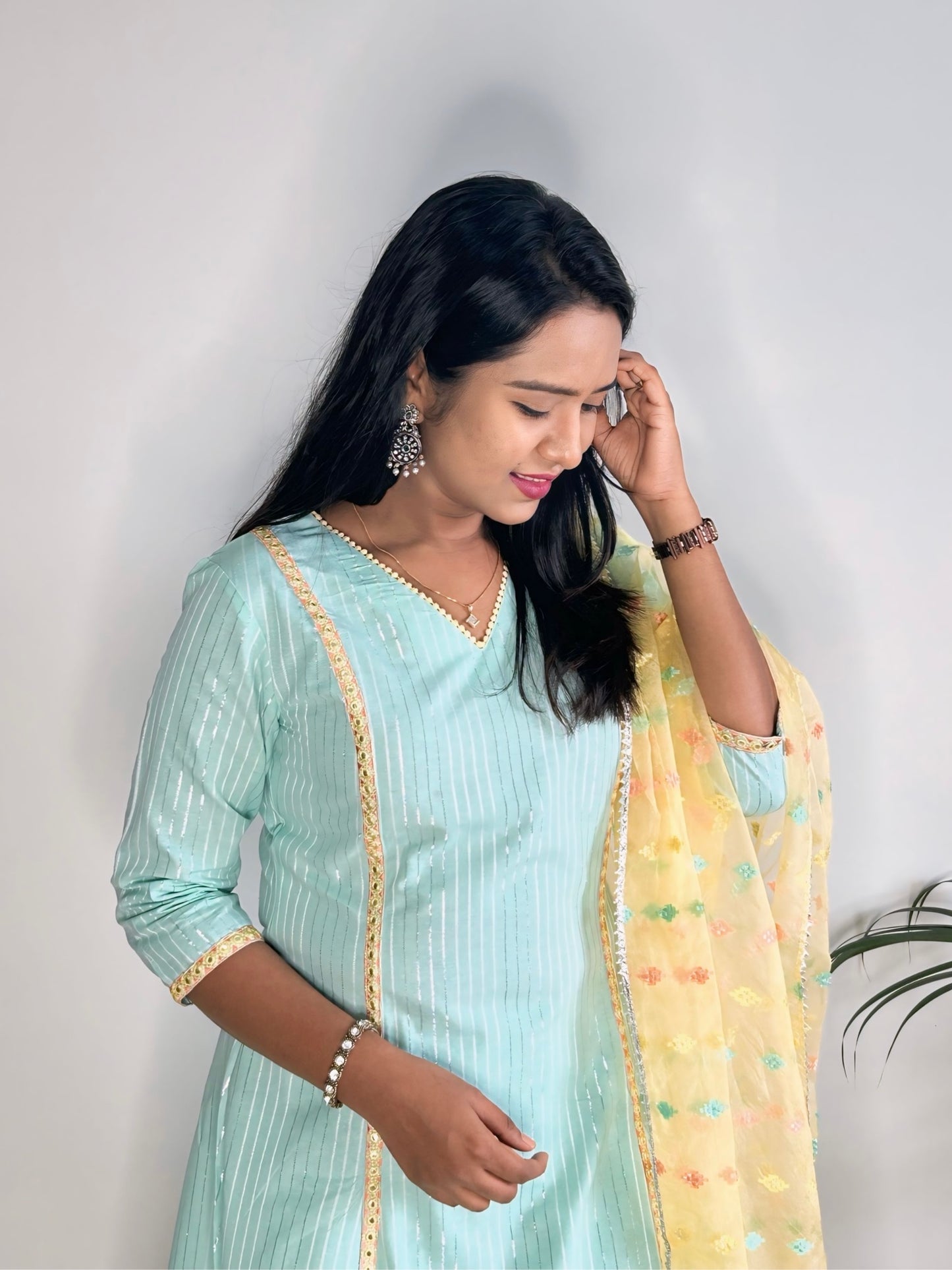 Light Pista Green Lurex Cotton A-Line Kurta with Pant and Dupatta