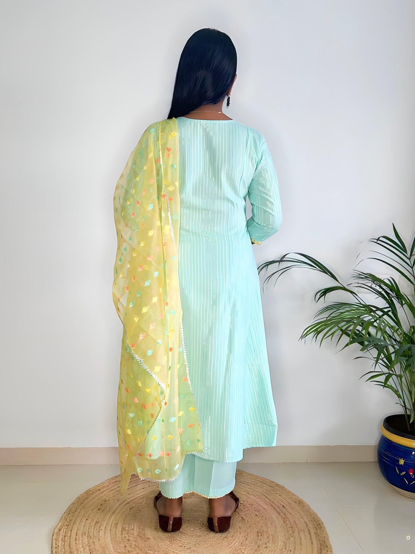 Light Pista Green Lurex Cotton A-Line Kurta with Pant and Dupatta