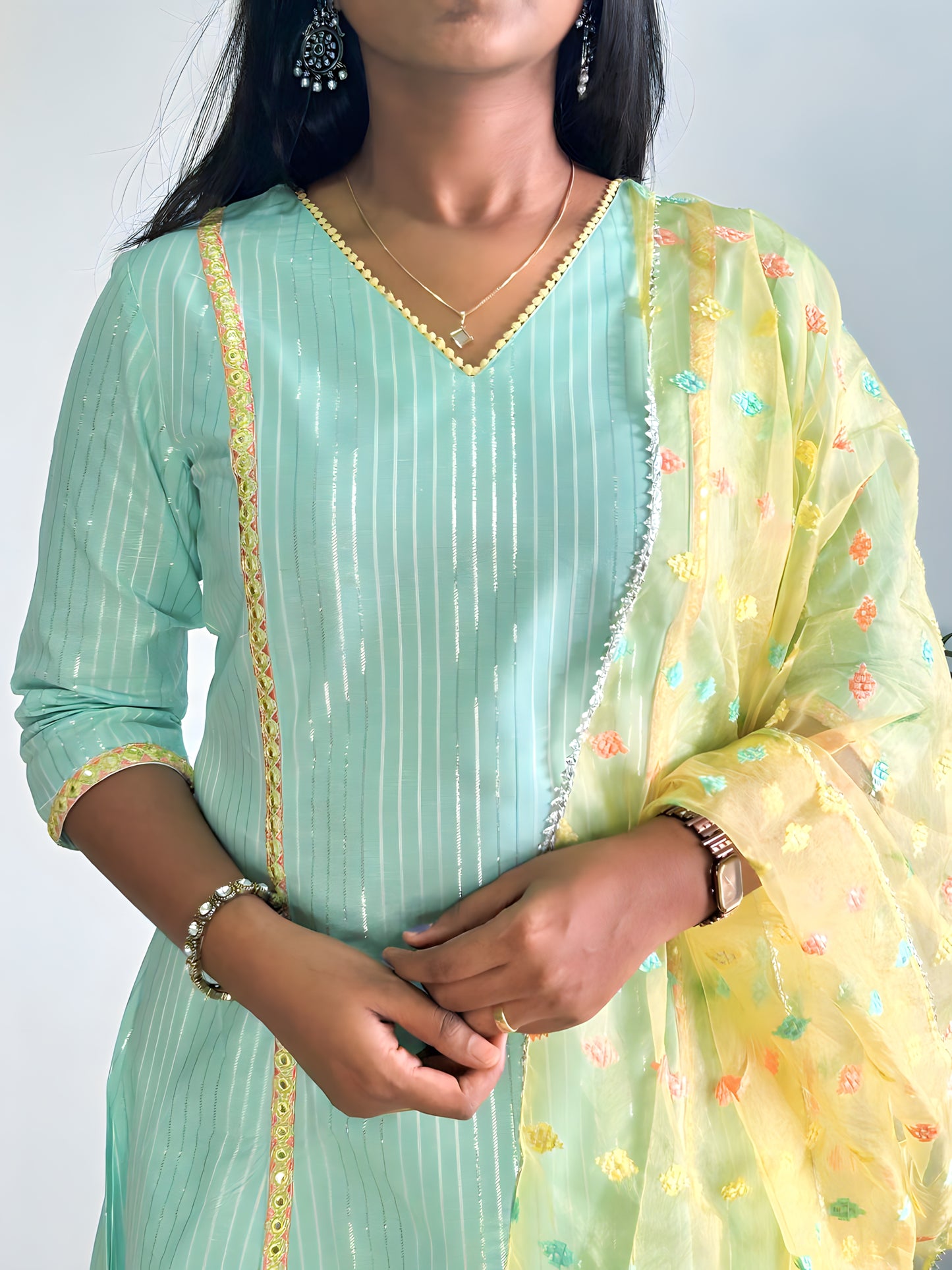 Light Pista Green Lurex Cotton A-Line Kurta with Pant and Dupatta