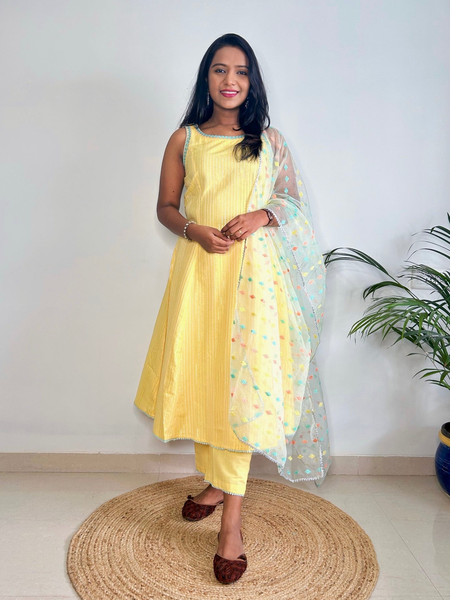 Yellow Lurex Cotton A-Line Kurta with Pant and Dupatta