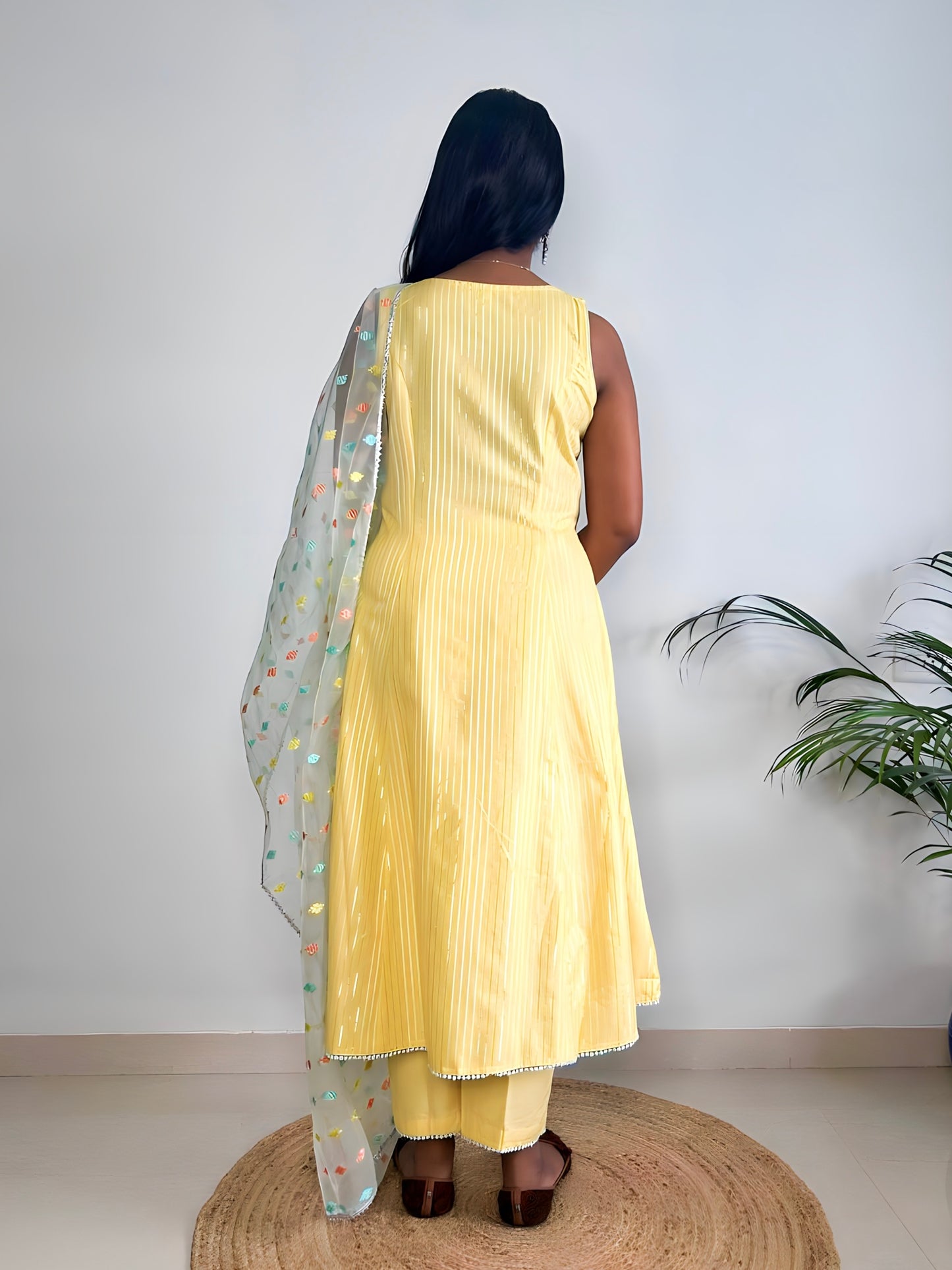 Yellow Lurex Cotton A-Line Kurta with Pant and Dupatta