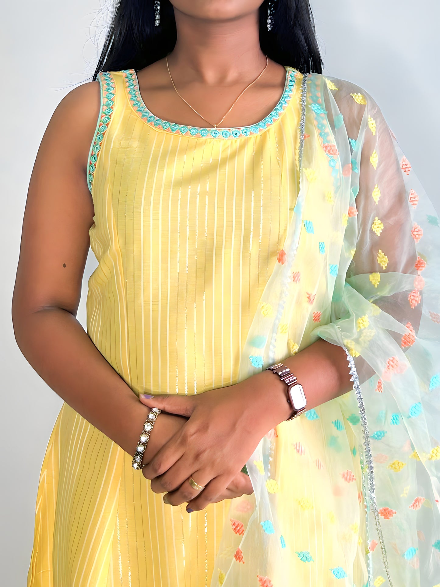 Yellow Lurex Cotton A-Line Kurta with Pant and Dupatta