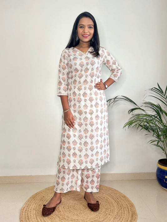 White Floral Printed  Kurta set