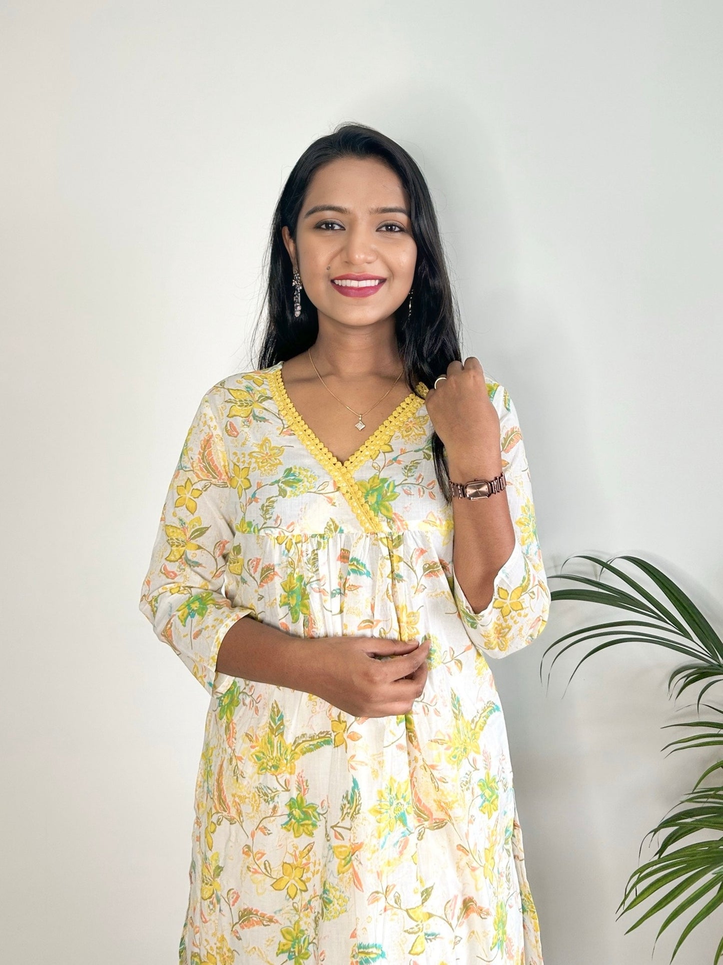 White Cotton Printed A-line kurta set